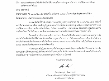 ขอขยายเวลาส่งผลงานวิจัยเพื่อคัดเลือกให้นำเสนอในการประชุมทางวิชาการ
การวิจัยทางการศึกษาระดับชาติ ครั้งที่ 16