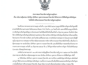 ประกาศมหาวิทยาลัยราชภัฏสวนสุนันทา เรื่อง
นโยบายคุ้มครอง นักเรียน
บุคลากรของมหาวิทยาลัย
ที่เกิดจากการใช้พืชกัญชาหรือกัญชง
ในพื้นที่การศึกษาของมหาวิทยาลัยราชภัฏสวนสุนันทา