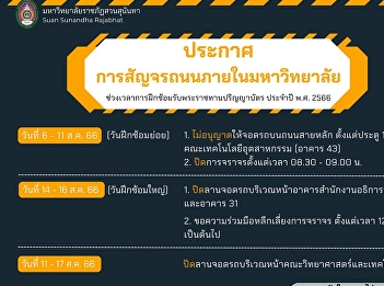 On-campus road traffic Rehearsal period
for the graduation ceremony of the year
2023 between 6 - 17 August 2023, Suan
Sunandha Rajabhat University