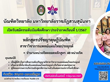 Field of Study: Applied Thai Traditional
Medicine Graduate School Suan Sunandha
Rajabhat University Open for
applications for graduate students. For
semester 1/2024