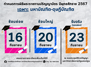 Rehearsal schedule for the Graduation
Ceremony 2024 for Master's and Doctoral
degrees, Graduate School, Suan Sunandha
Rajabhat University only.