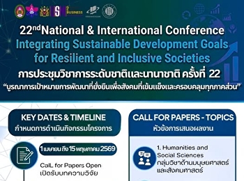 บัณฑิตวิทยาลัย
ขอเชิญชวนผู้วิจัยส่งบทความการประชุมวิชาการระดับชาติและนานาชาติ
ครั้งที่ 22
“บูรณาการเป้าหมายการพัฒนาที่ยั่งยืนเพื่อสังคมที่เข้มแข็งและครอบคลุมทุกภาคส่วน”(Integrating
Sustainable Development Goals for
Resilient and Inclusive Societies)