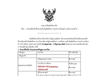 ประกาศบัณฑิตวิทยาลัย  เรื่อง
การรับสมัครนักศึกษาระดับบัณฑิตศึกษา
ประจำภาคเรียนที่ 1/2569 (รอบที่ 2)