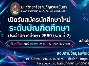 The opportunity has arrived! Suan
Sunandha University is opening
applications for its second round of
Master's and Doctoral programs.