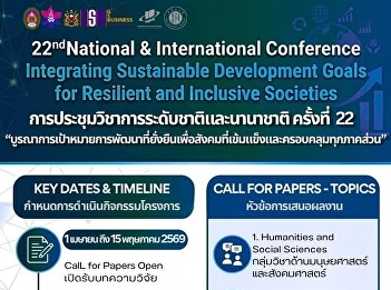 It's the last day, Graduate School!
Researchers are invited to submit
articles for the 22nd National and
International Conference: “Integrating
Sustainable Development Goals for
Resilient and Inclusive Societies”.