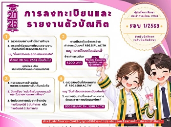 ประกาศ การลงทะเบียนและรายงานตัวบัณฑิต
เพื่อรับเอกสารสำคัญทางการศึกษา
ประจำปีการศึกษา 2569 รอบที่ 1/2569
สำหรับนักศึกษาระดับบัณฑิตศึกษา
ตั้งแต่วันที่ 28 กันยายน 2569 เป็นต้นไป
ที่ reg.ssru.ac.th