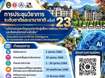 ขอเชิญชวนอาจารย์ นักศึกษา นักวิจัย
และผู้สนใจ
ร่วมส่งบทความวิชาการและนำเสนอผลงานในการประชุมวิชาการระดับชาติและนานาชาติ